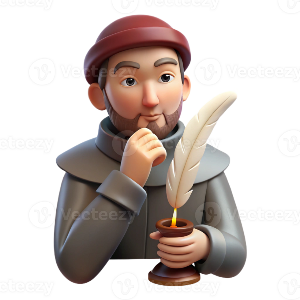 magnificent classic Portrait of a writer deep in thought, holding a quill, candlelit, Renaissance style genuine png