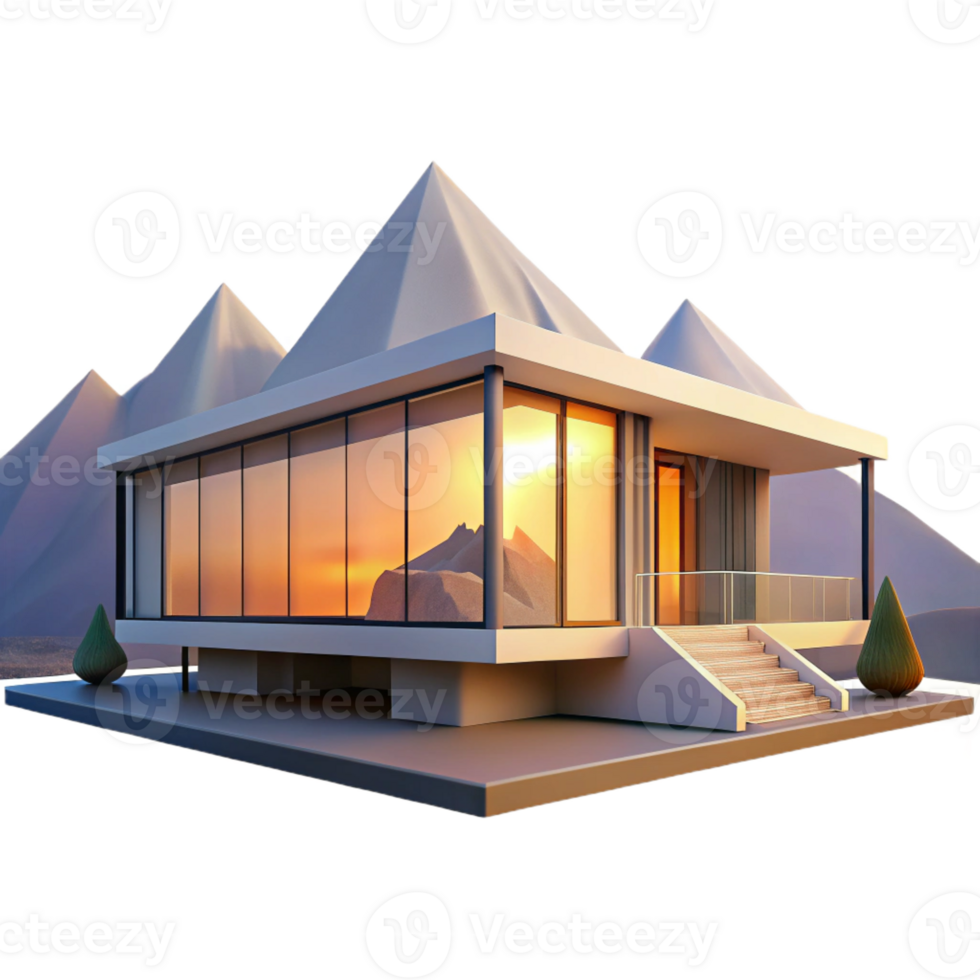 magnificent traditional Modernist house with floor-to-ceiling windows, panoramic mountain view, sunset lighting, minimalist style high quality png