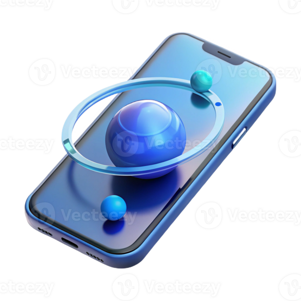 elegant modern A levitating transparent smartphone displaying a 3D model of the solar system, illuminated by a cool blue light, in a minimalist style genuine png