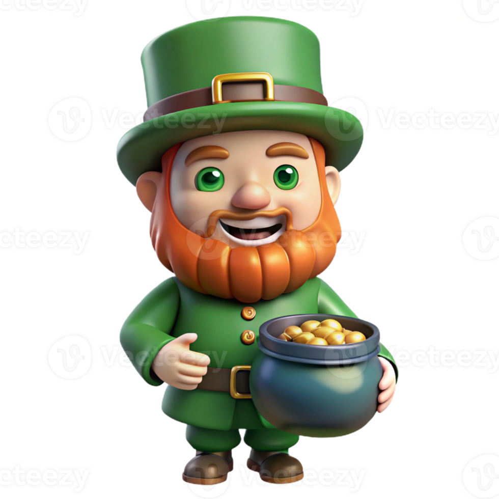 stunning minimalist Leprechaun, mischievous and bearded, holding a pot of gold, authentic png