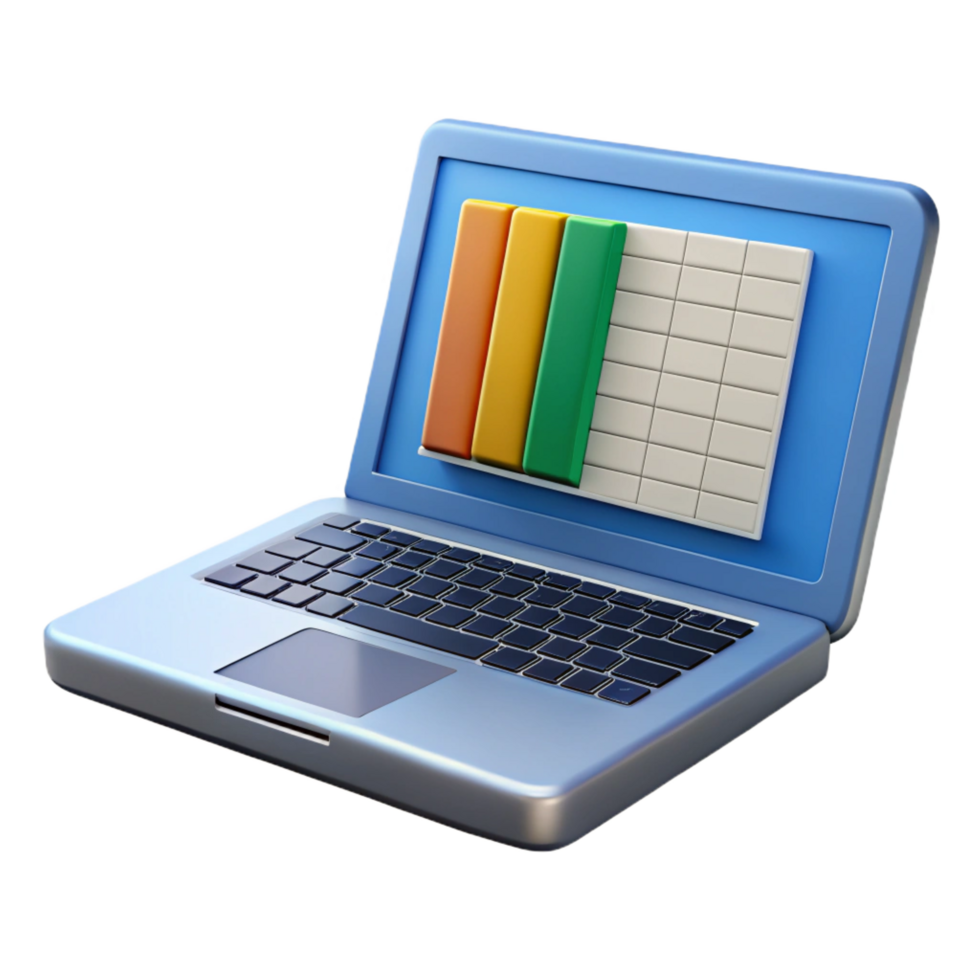 beautiful abstract Laptop computer with open screen showing spreadsheet software detailed png