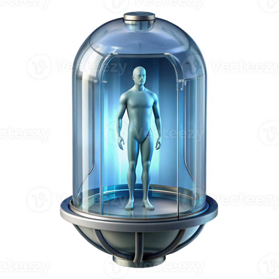 magnificent classic Cryogenic stasis pod, transparent, human silhouette inside professional png