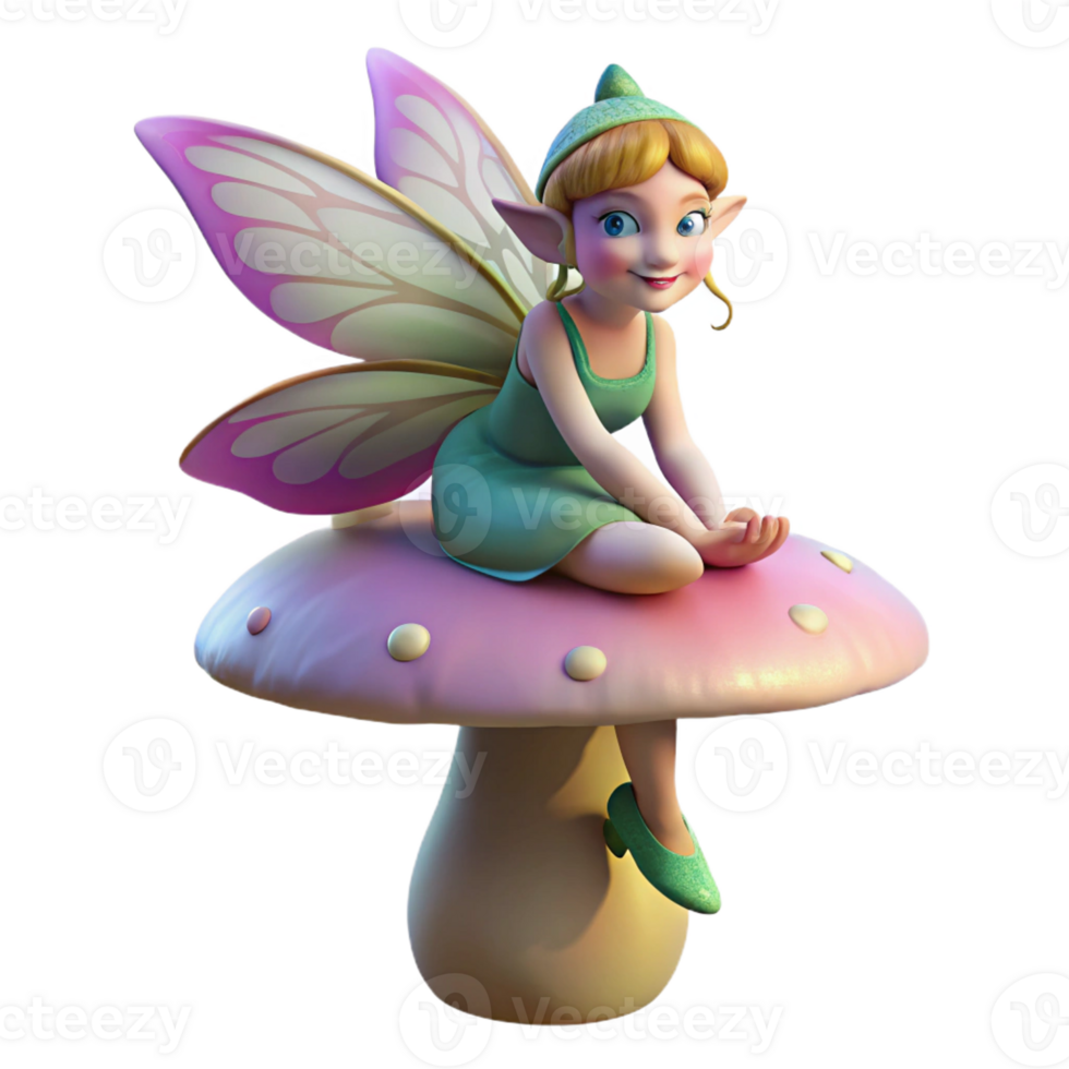 magnificent classic A mischievous pixie with iridescent wings, perched on a giant mushroom, dappled with sunlight filtering through a forest canopy. Art Nouveau style 4K png