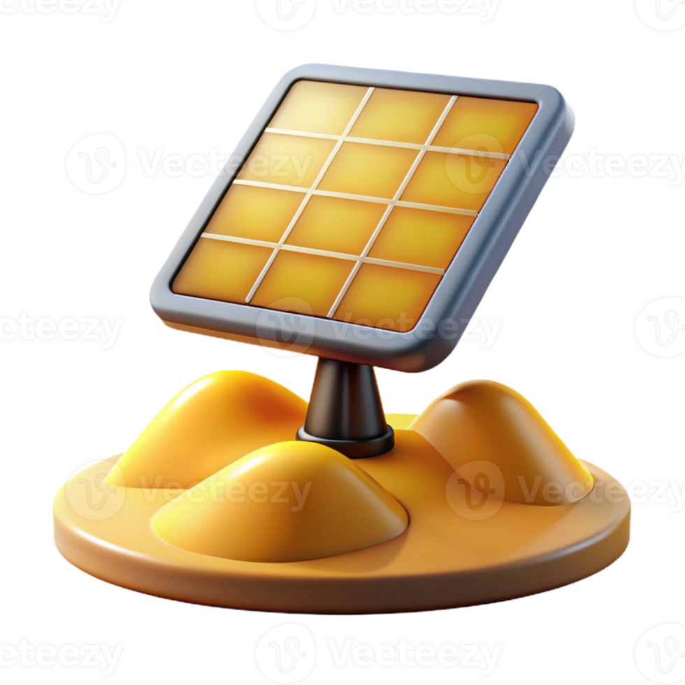 elegant creative A solar panel absorbing sunlight in a desert landscape, bright yellow lighting, photorealistic style genuine png