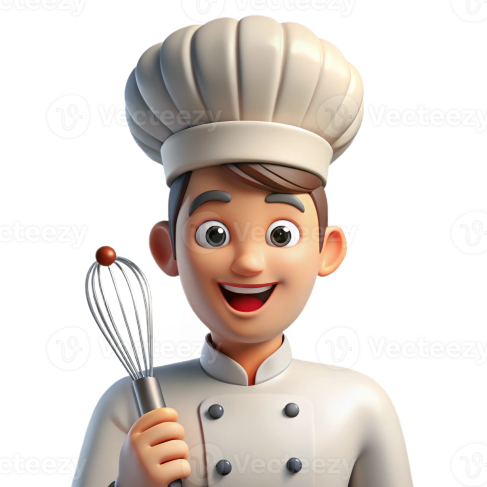 vibrant minimalist Portrait of a chef with a mischievous grin, holding a whisk, brightly lit kitchen setting, pop art style premium png