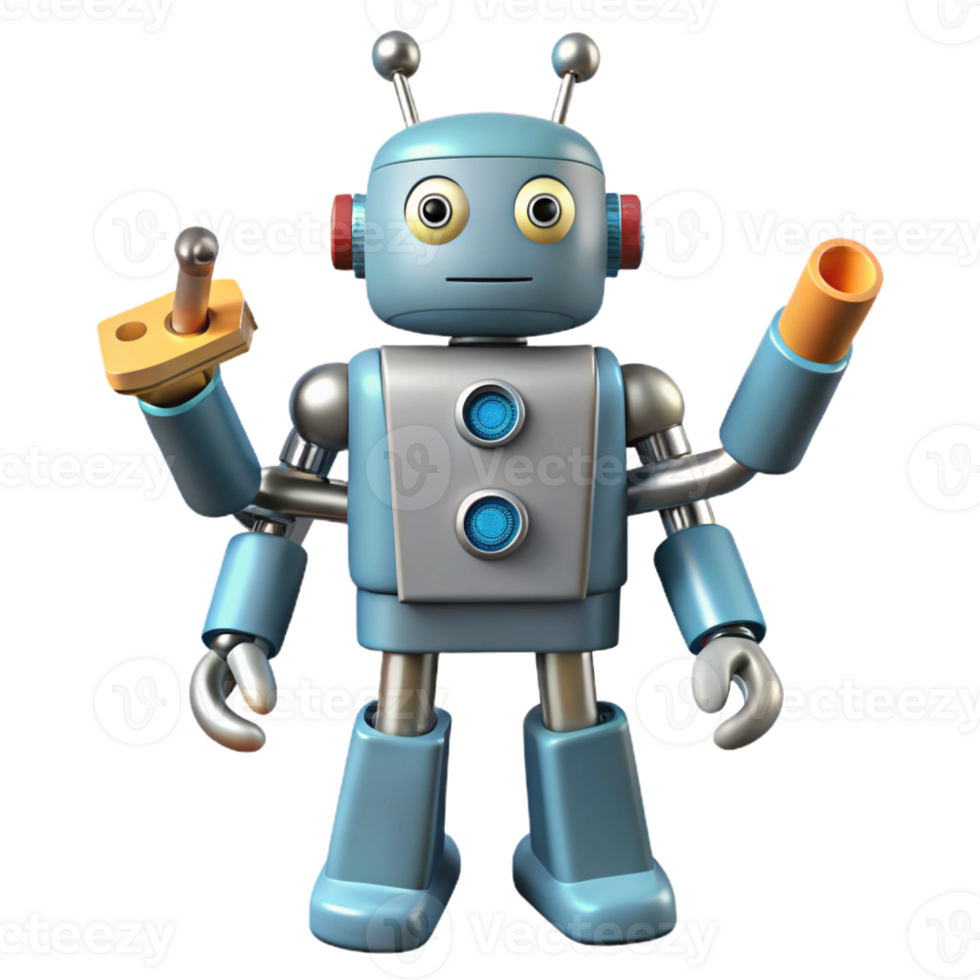 impressive rustic Robot with multiple arms, various tools attached authentic png