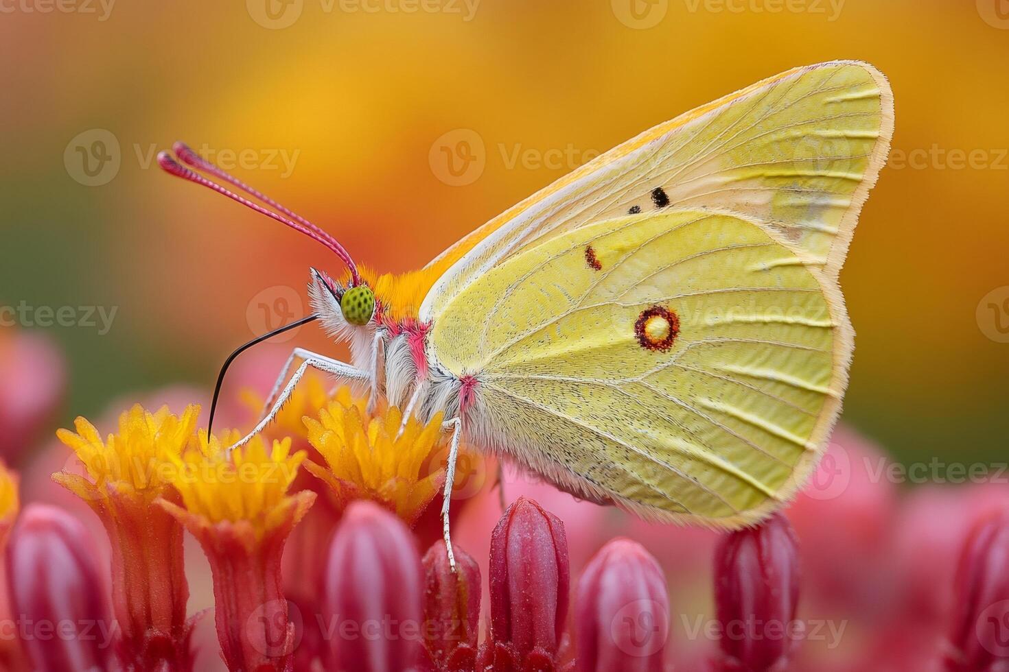 Yellow butterfly feeding on vibrant flower in summer garden photo