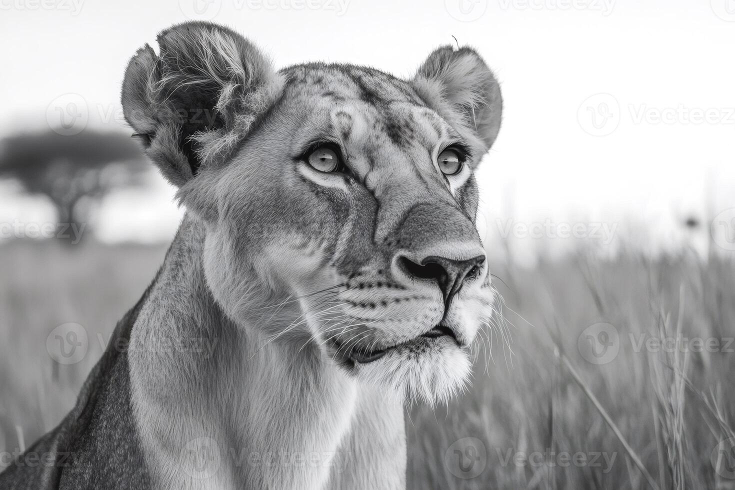 Lioness observing the savannah in black and white photo