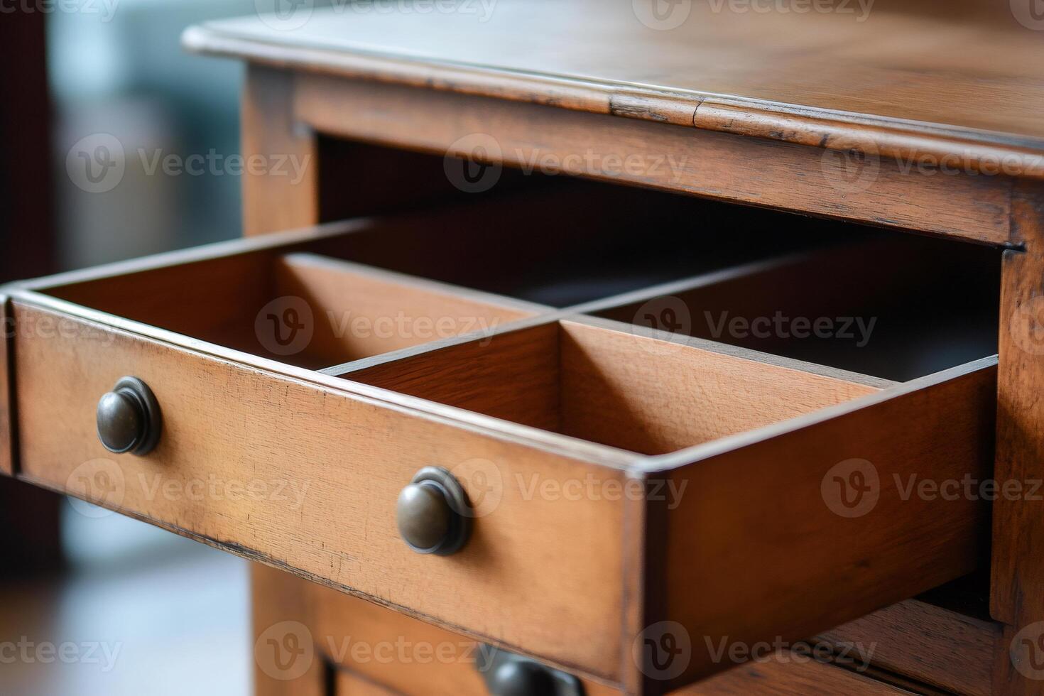 Wooden drawer with compartments in rustic furniture photo