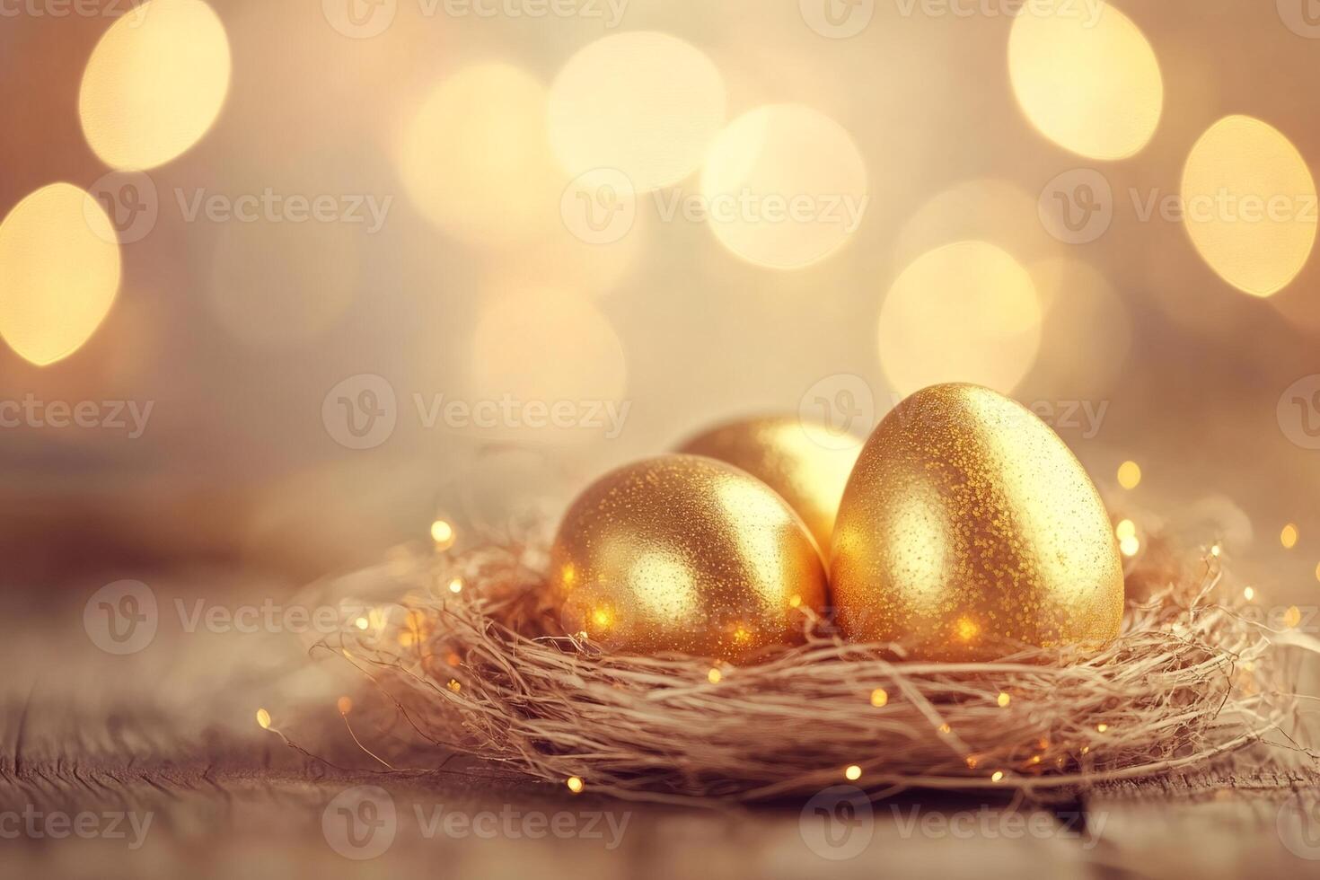 Golden easter eggs nest with fairy lights glowing on wooden table photo