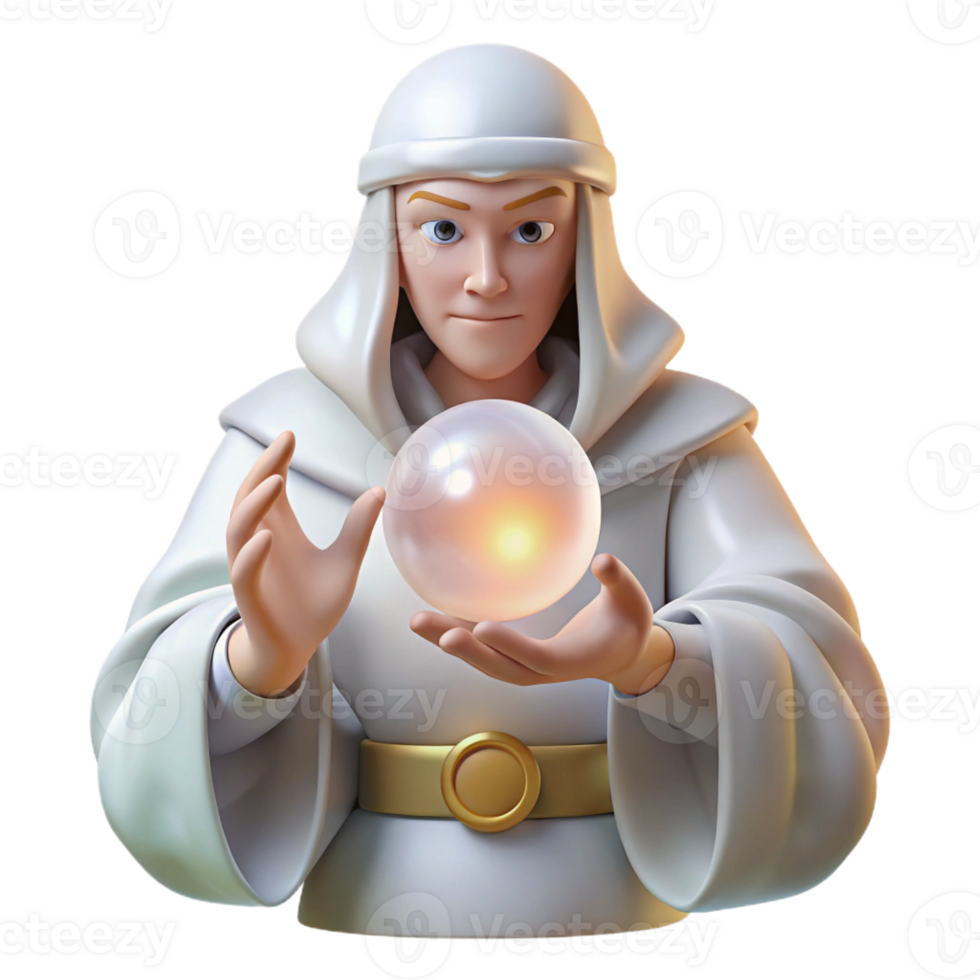 impressive abstract A wise oracle with flowing white robes and a serene expression, gazing into a crystal ball, illuminated by soft, ethereal light in a mystical art style original png