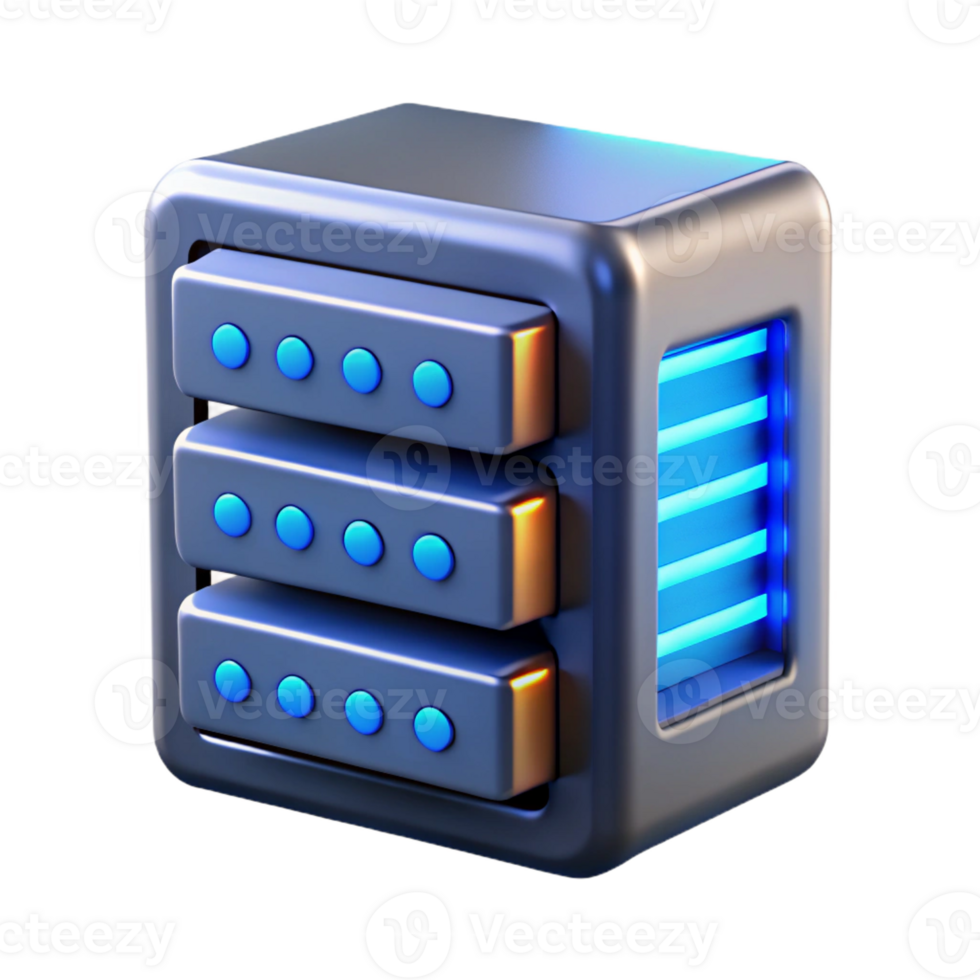 elegant artistic A single, powerful server rack, humming with energy and glowing with blue indicator lights, in a dark, industrial style professional png