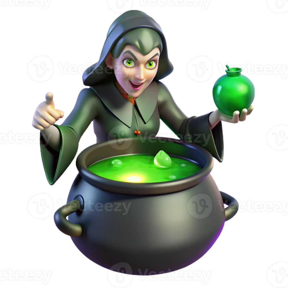 elegant modern A powerful witch brewing a potion in a bubbling cauldron, her face illuminated by the eerie green light of the concoction. Dark fantasy, gothic style high quality png