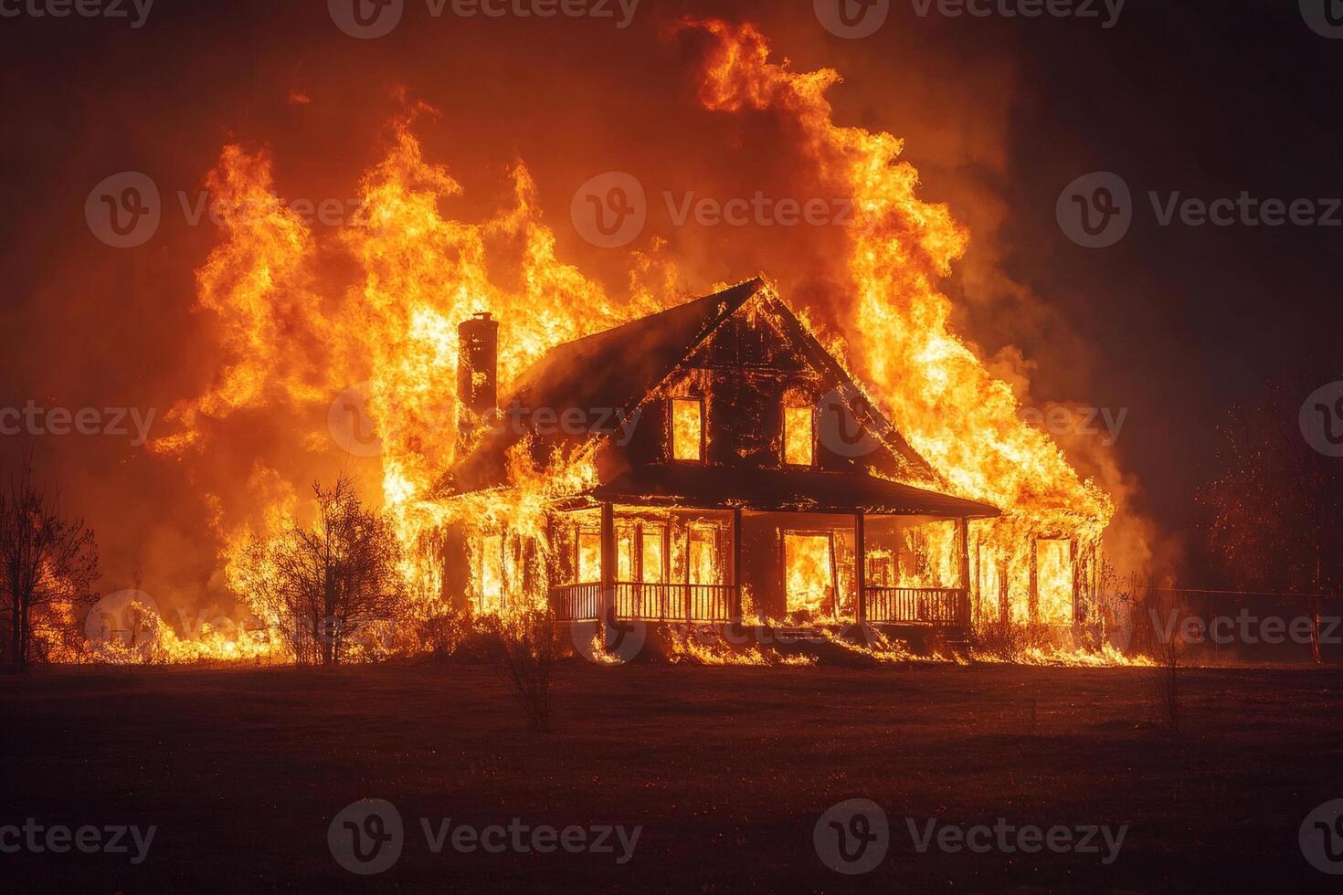 Burning house engulfed in flames at night during a fire disaster photo
