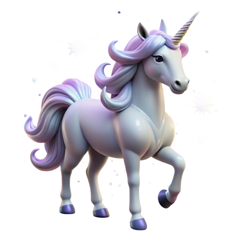 extraordinary abstract A mystical unicorn with a silver horn and flowing mane, surrounded by sparkling dust, magical lighting, dreamlike style high quality png
