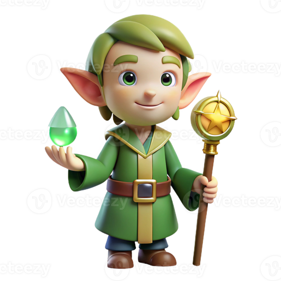 vibrant rustic Cartoon elf, pointy ears, holding a magic staff exclusive png