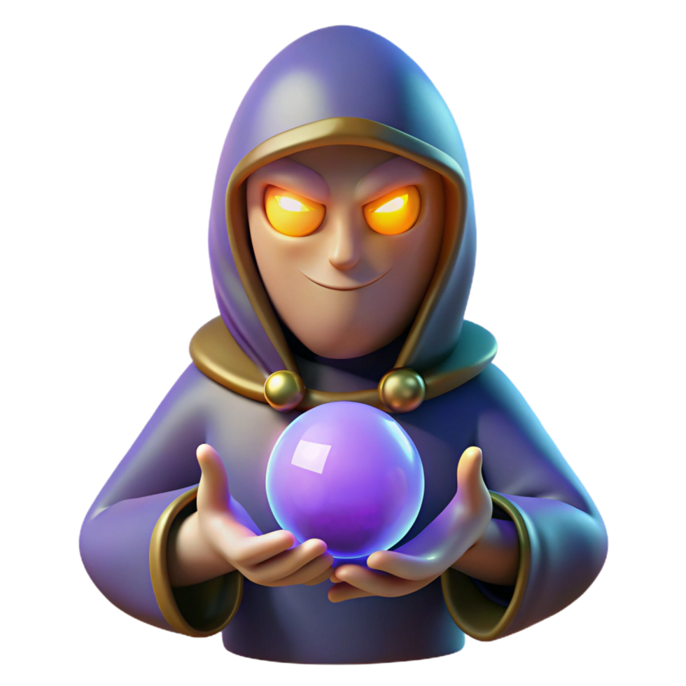 beautiful contemporary A mysterious fortune teller with glowing eyes and a crystal ball, dimly lit, occult style exclusive png