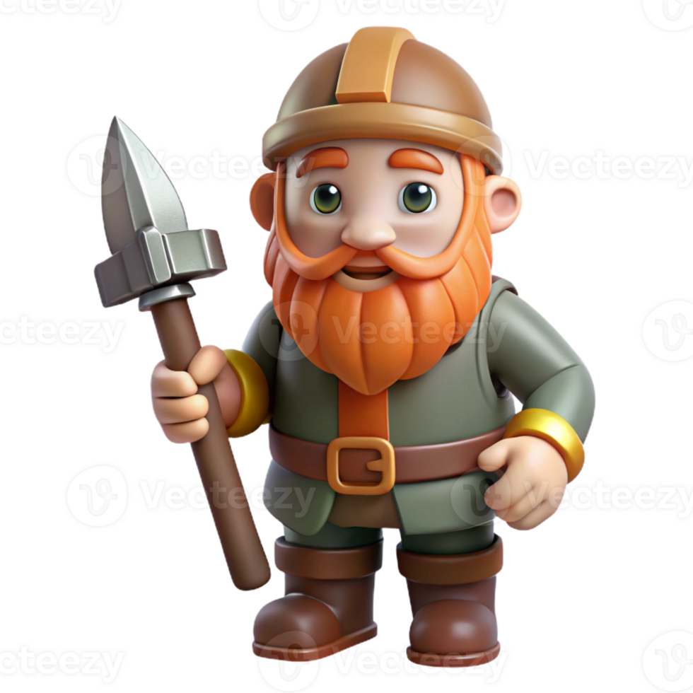 dramatic vintage Cartoon dwarf, bearded, holding a pickaxe professional png