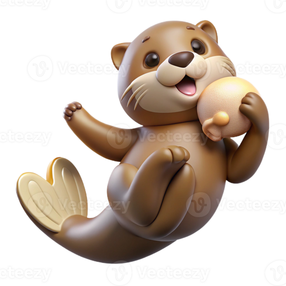 dramatic modern A playful sea otter floating on its back, holding a seashell, rendered in a charming, cartoon style authentic png