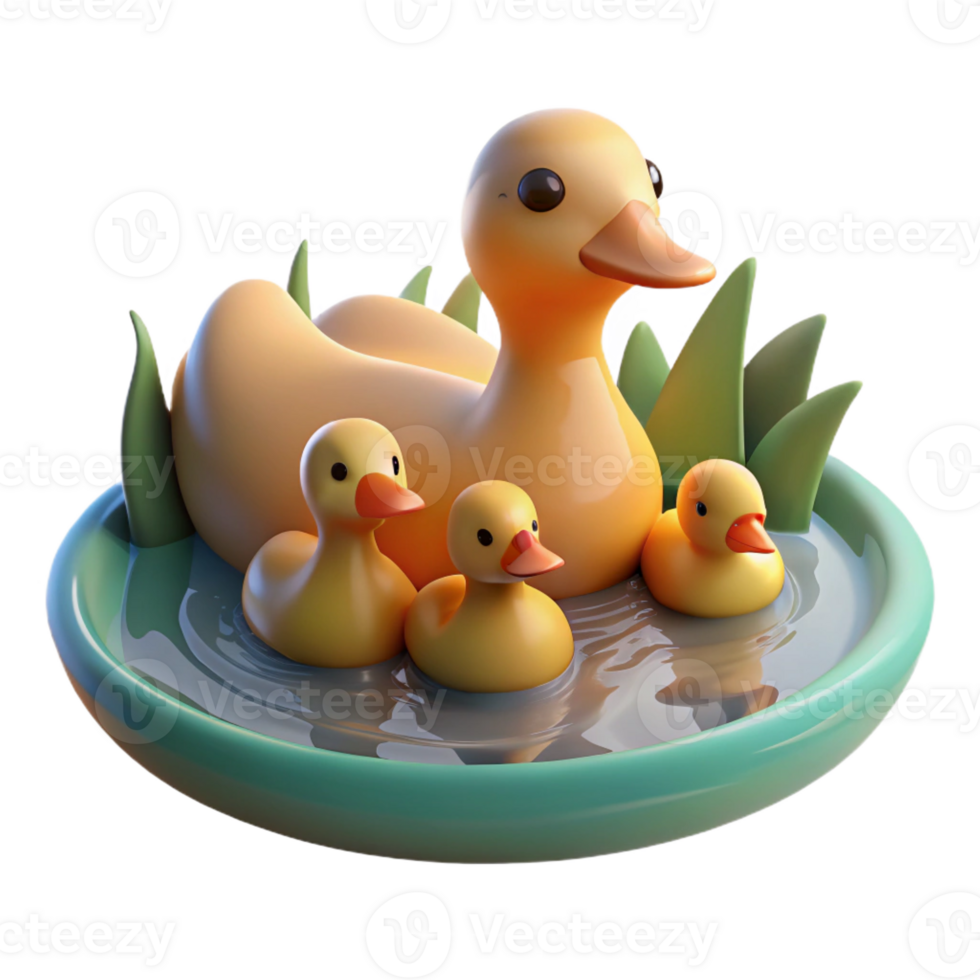 impressive classic A family of ducks swimming in a calm pond, illuminated by the soft light of a summer afternoon, in a peaceful, illustrative style premium png