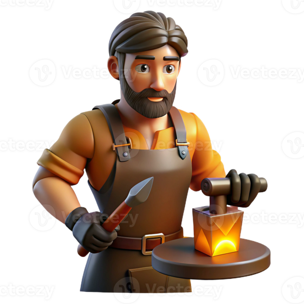 elegant modern Portrait of a skilled artisan with tools in hand and a focused gaze, illuminated by the warm light of a forge, in a realistic, detailed style high resolution png