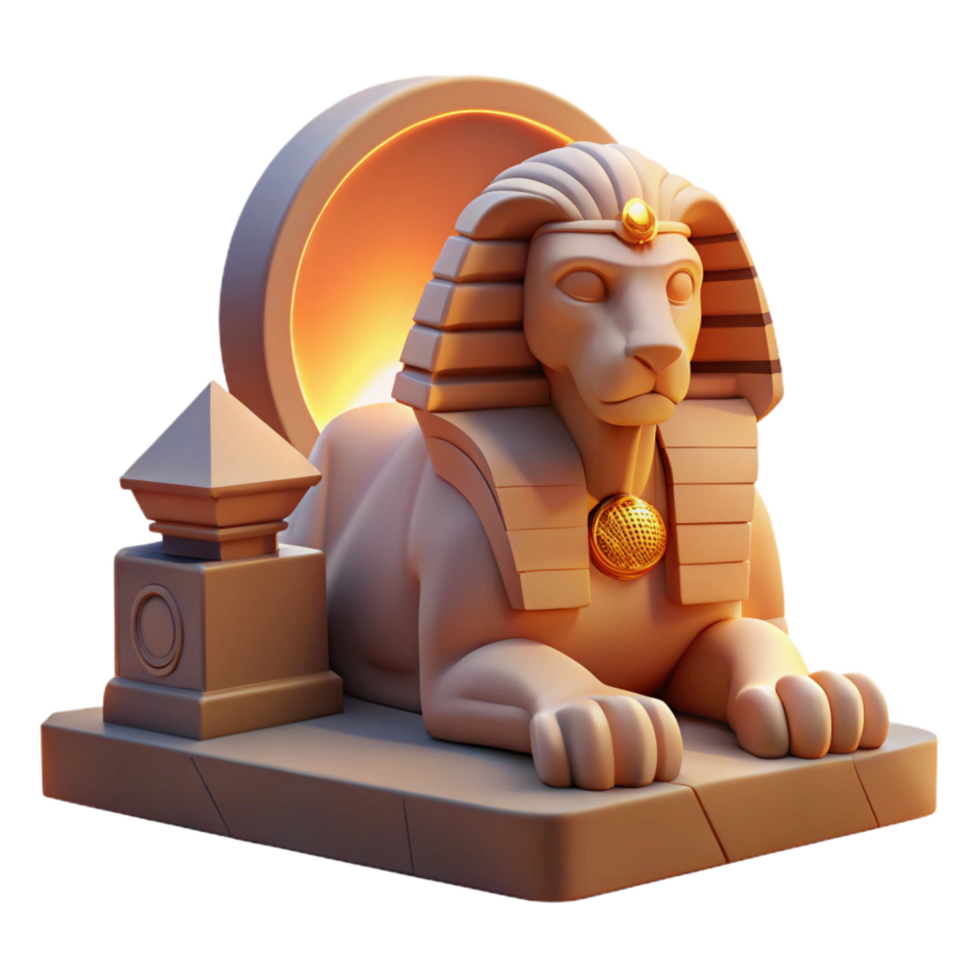 dramatic rustic A mysterious sphinx with the body of a lion and the head of a human, guarding an ancient tomb, illuminated by the setting sun. Egyptian art style exclusive png