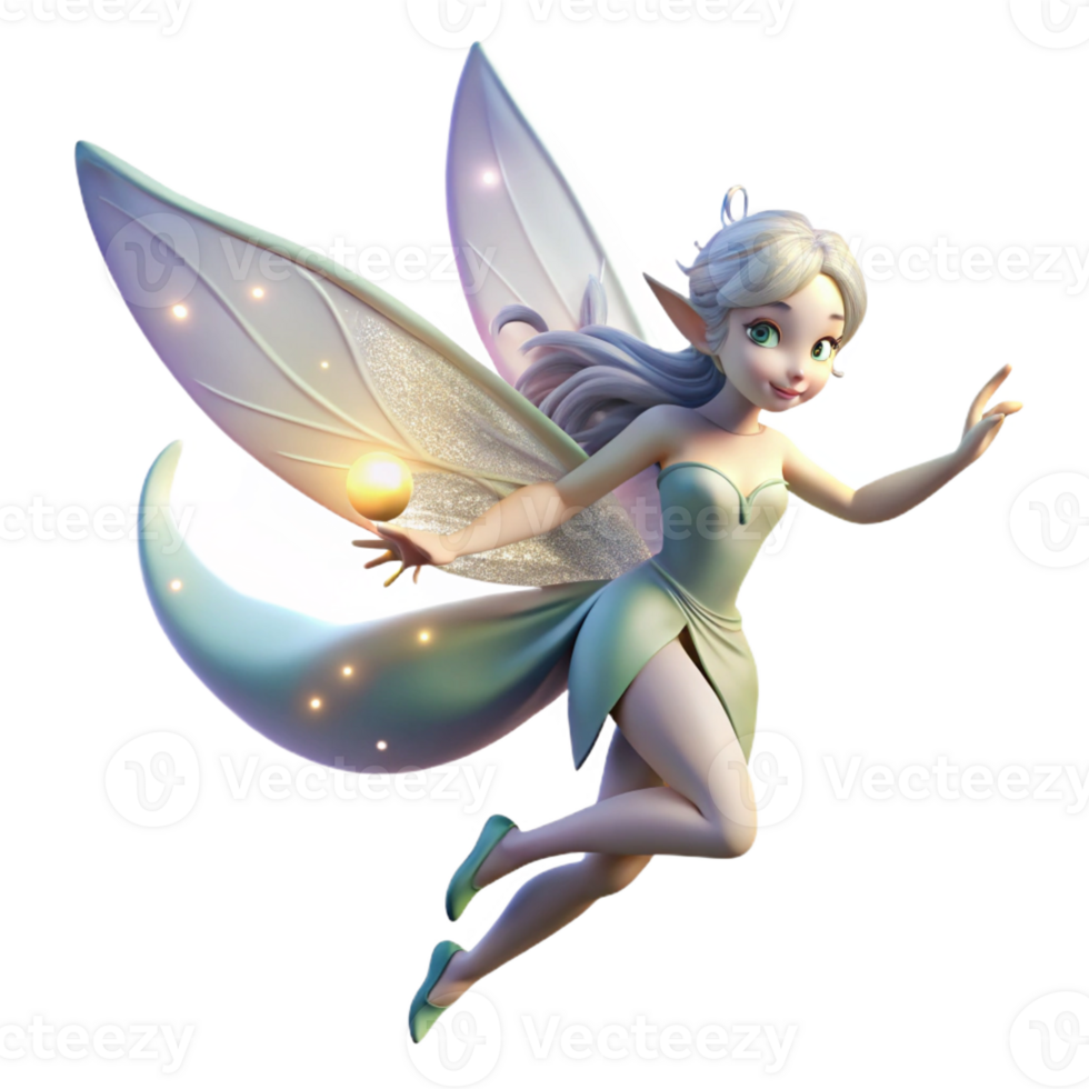 beautiful creative A delicate fairy with iridescent wings and sparkling dust trailing behind her, flying through a moonlit forest, illuminated by the soft glow of the moon. Dreamlike style authentic png