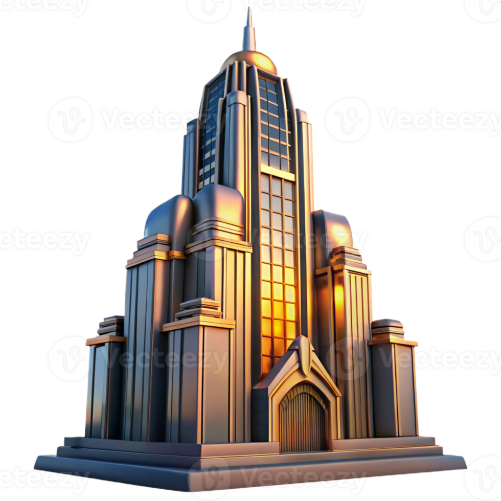 vibrant modern Art Deco skyscraper, intricate geometric facade, chrome accents, sunset lighting, volumetric lighting, cinematic style detailed png