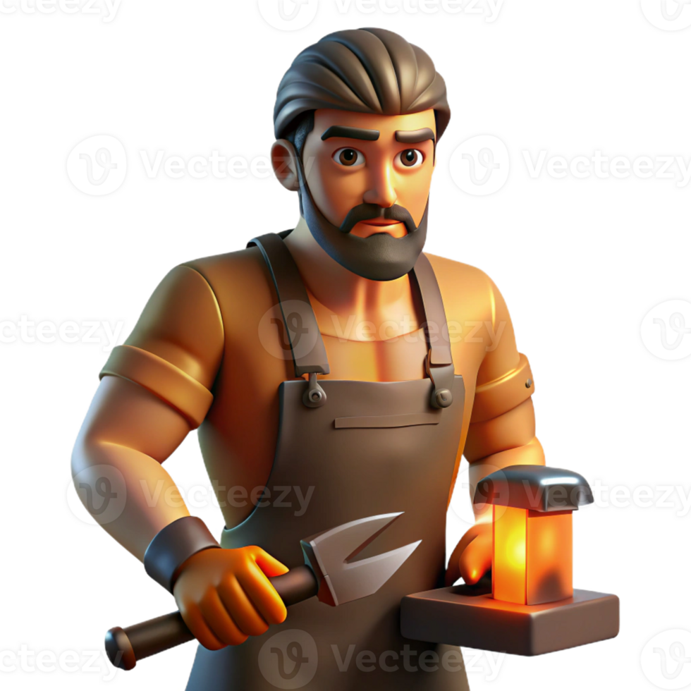 serene artistic Portrait of a skilled artisan with tools in hand and a focused gaze, illuminated by the warm light of a forge, in a realistic, detailed style original png