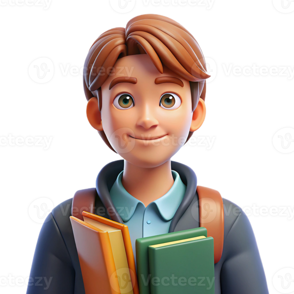 magnificent minimalist Portrait of a young student with books and a curious expression, illuminated by the warm light of a library, in a realistic, academic style genuine png