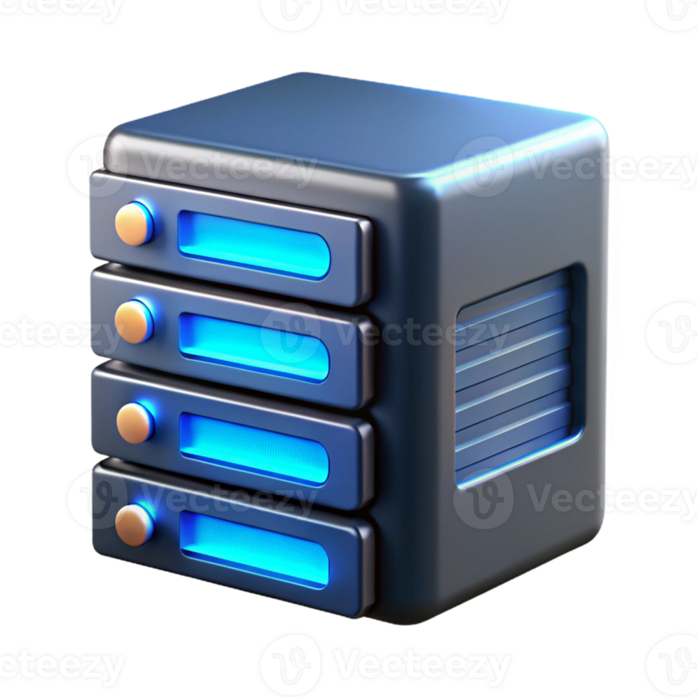 dramatic vintage A single, powerful server rack, humming with energy and glowing with blue indicator lights, in a dark, industrial style detailed png