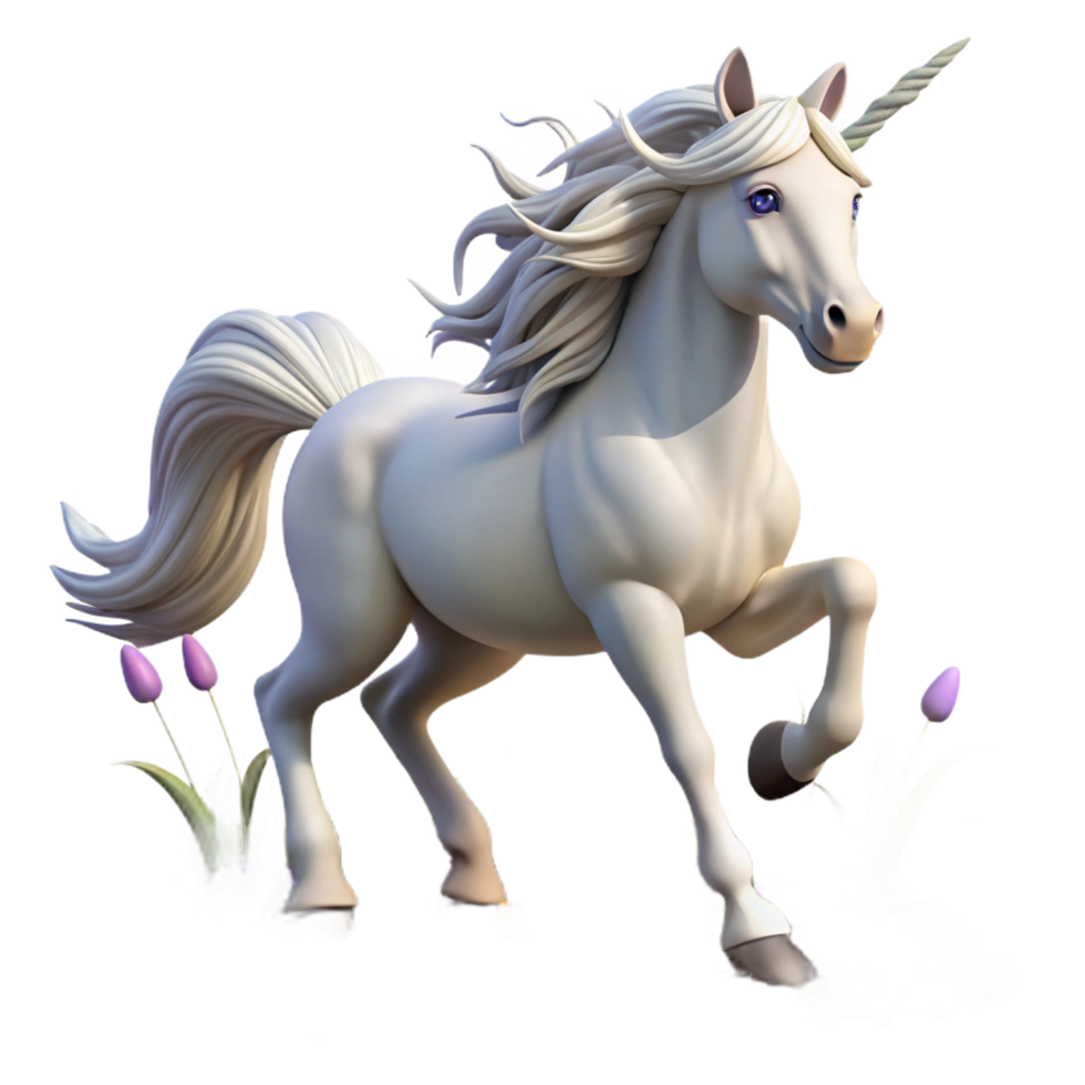 serene contemporary A majestic unicorn with a silver horn and flowing white mane, gallops through a field of wildflowers. Soft, magical lighting. Fantasy creature art style professional png
