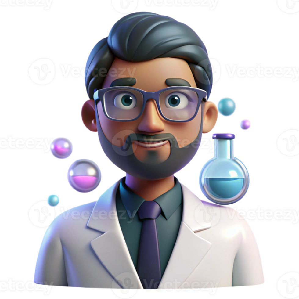 elegant vintage Portrait of a scientist with glasses and a lab coat, surrounded by glowing scientific equipment, futuristic style professional png