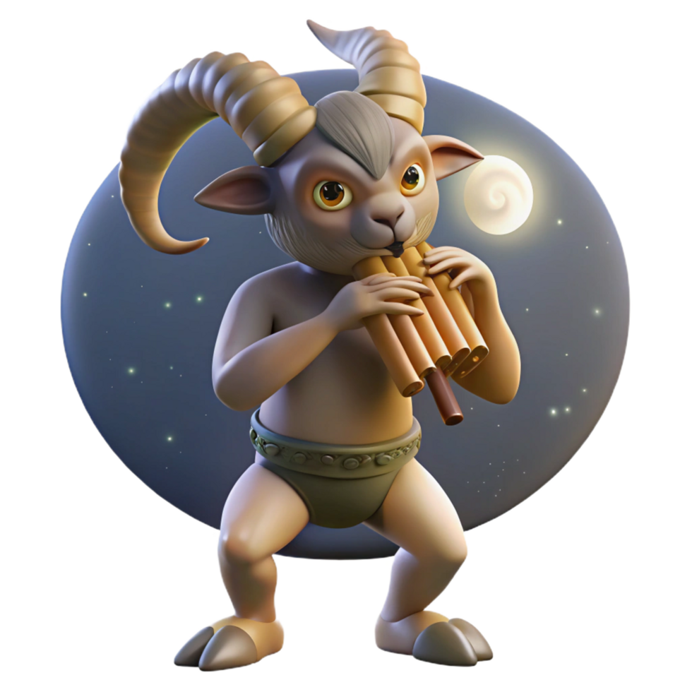 magnificent minimalist A mischievous satyr with goat-like legs and horns, playing a pan flute, illuminated by the moonlight. Greek mythology style 4K png