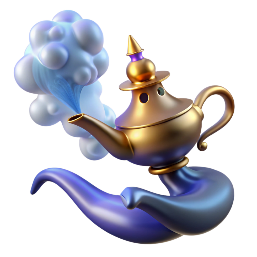 serene minimalist A powerful djinn emerging from a magic lamp, smoke swirling around its form, in a fantastical, Arabian Nights style high resolution png