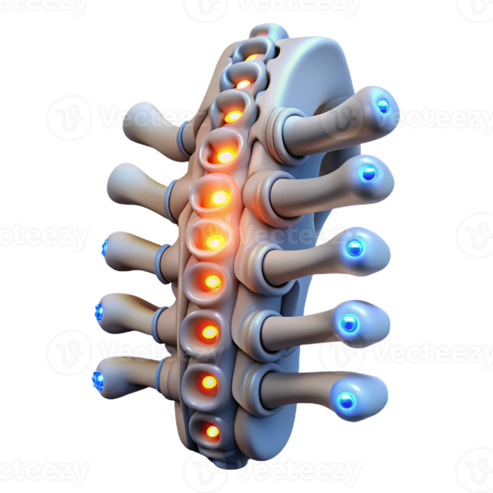 beautiful minimalist Cybernetic spine implant, glowing nodes, intricate wiring detailed png