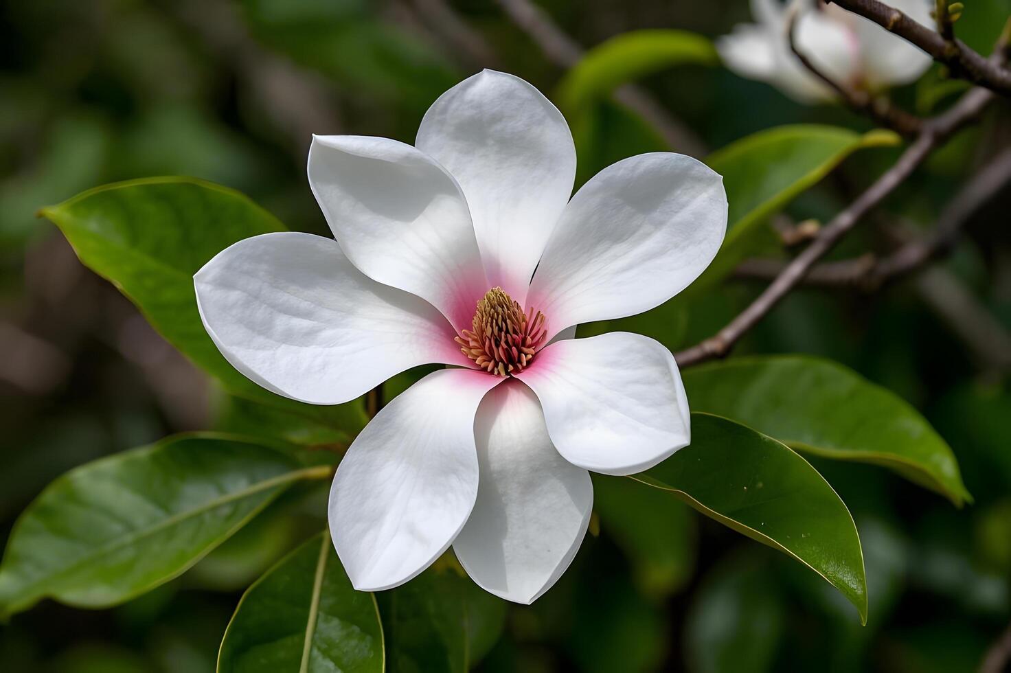 A white flower with pink petals is blooming. photo