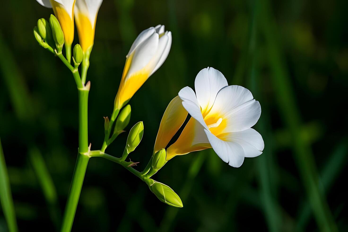 Two white and yellow flowers are growing in the grass. photo