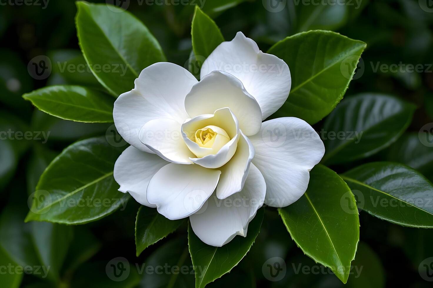 A white flower with green leaves is shown. photo