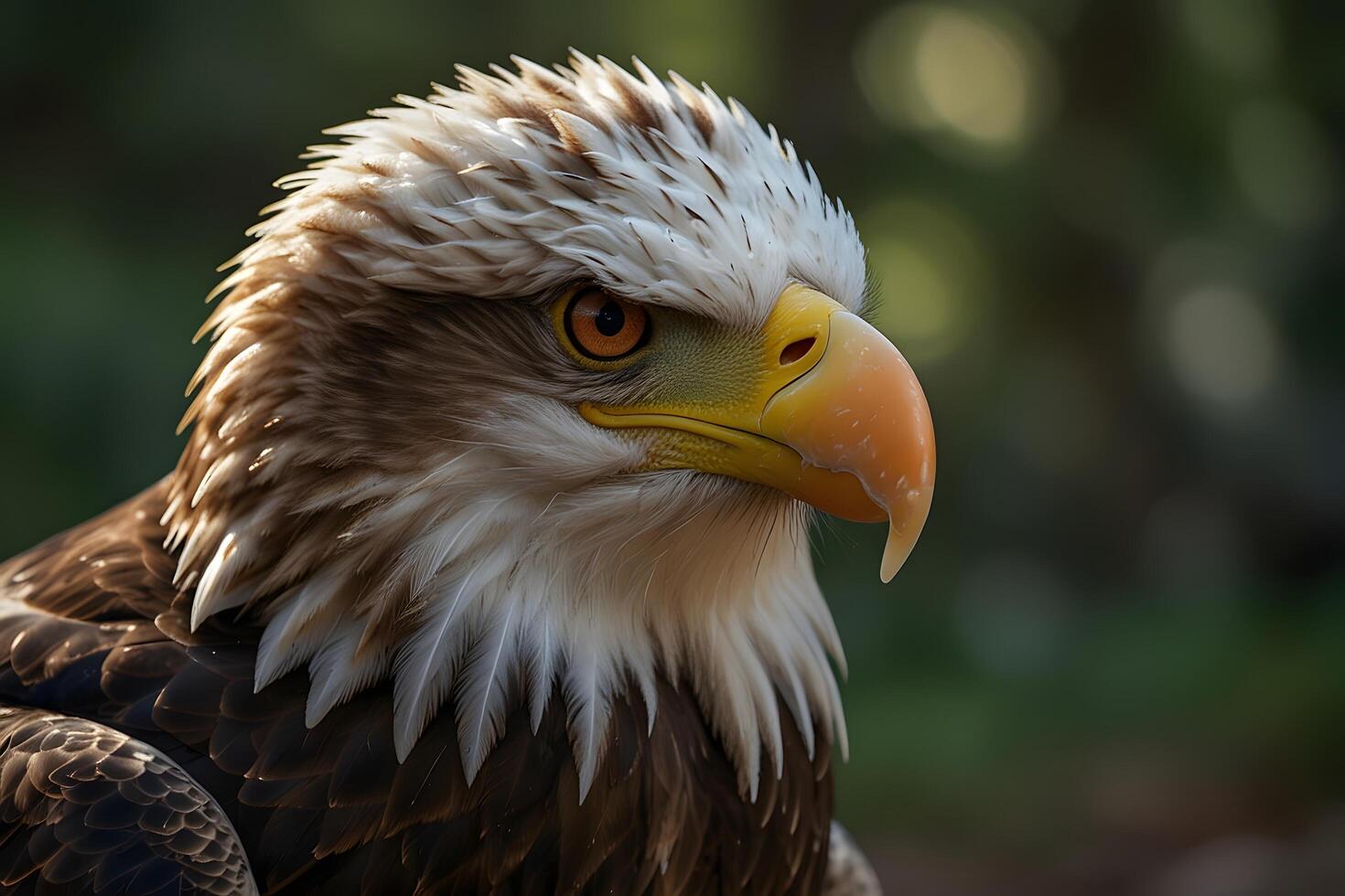 An eagle with a large beak and yellow eyes. photo