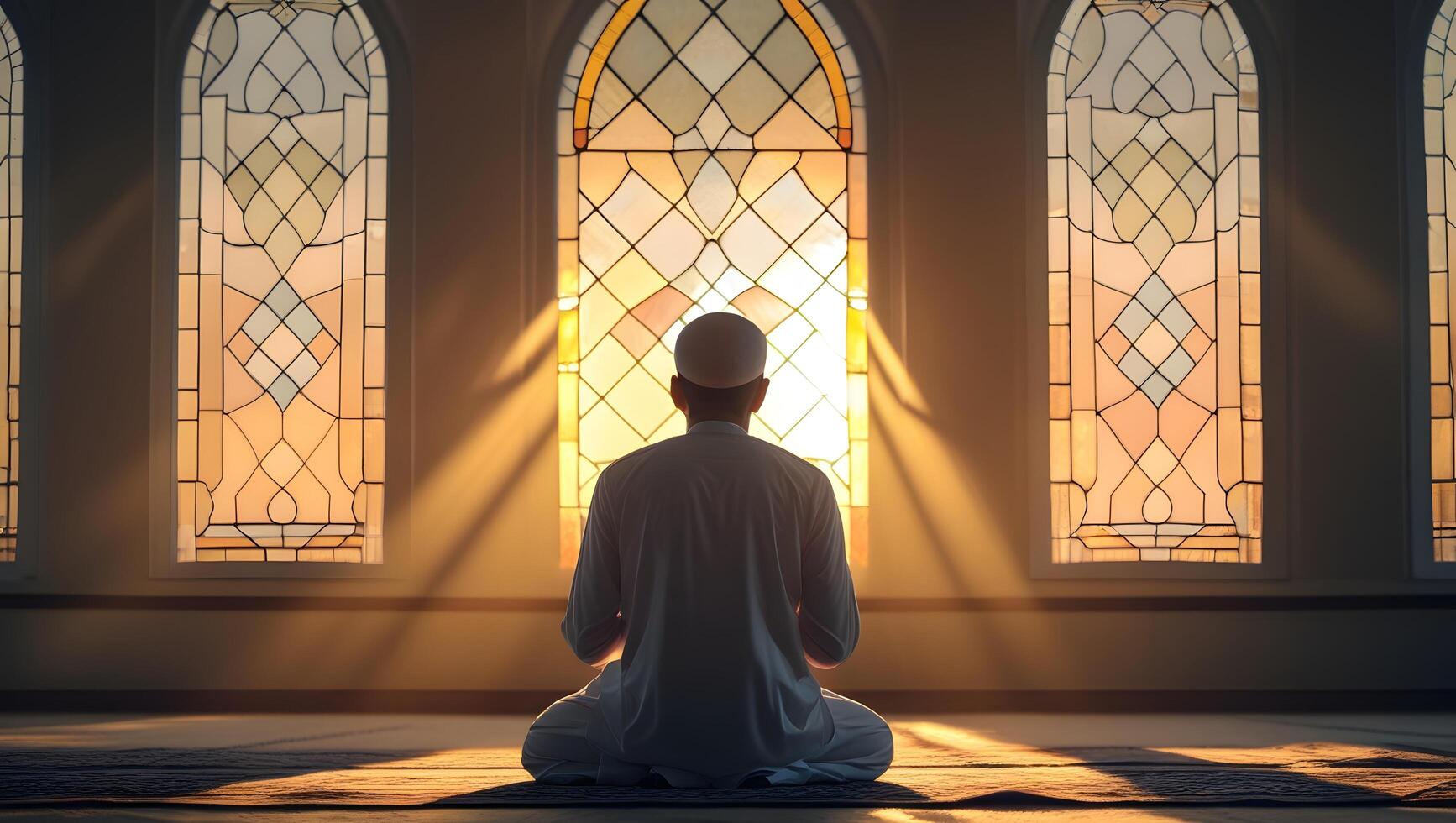 Muslim man praying in front of stained glass windows photo