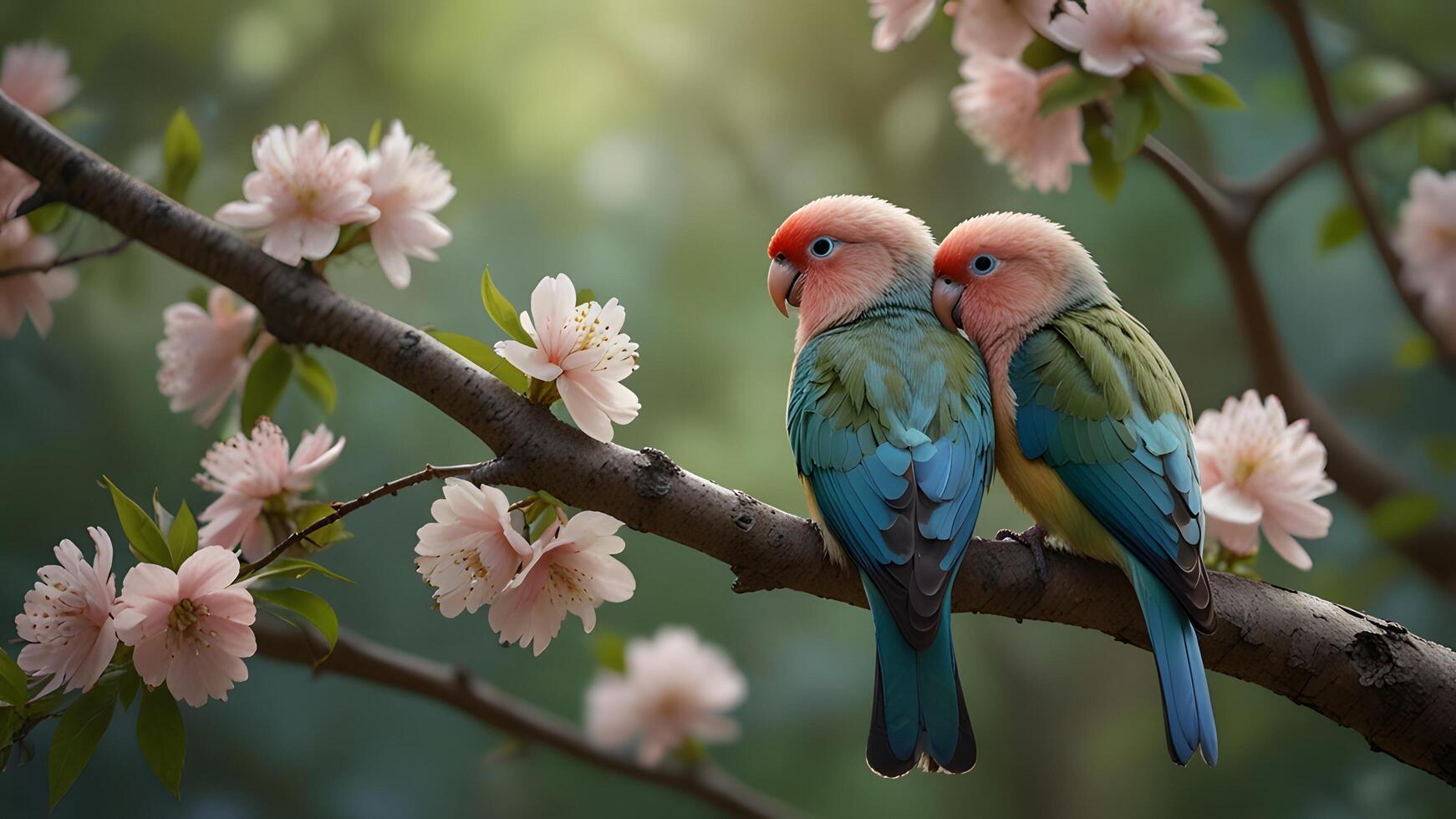 Two colorful birds sitting on a branch with pink flowers. photo