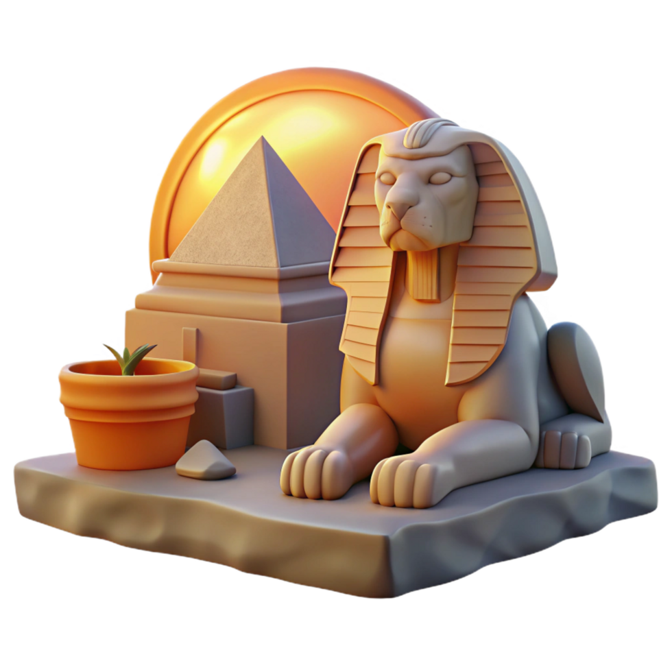 wonderful creative A mysterious sphinx with the body of a lion and the head of a human, guarding an ancient tomb, illuminated by the setting sun. Egyptian art style high quality png