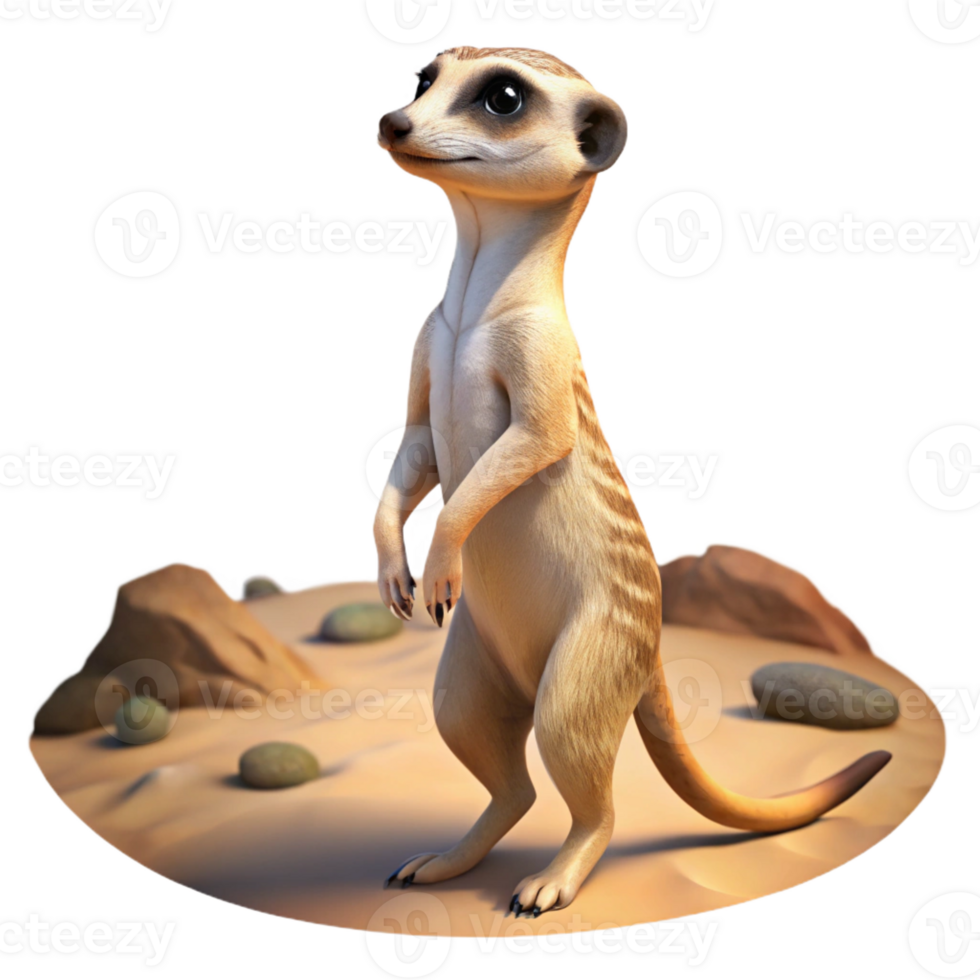 serene artistic A curious meerkat standing on its hind legs, scanning the desert landscape under the scorching midday sun, rendered in a photorealistic style original png