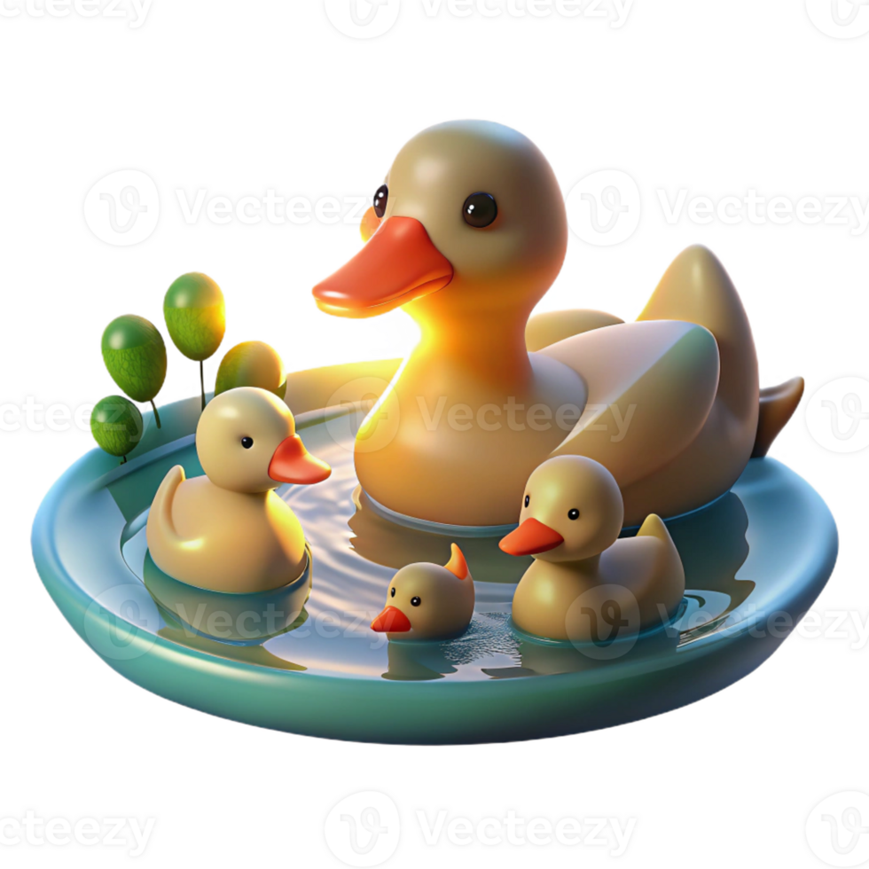 magnificent minimalist A family of ducks swimming in a calm pond, illuminated by the soft light of a summer afternoon, in a peaceful, illustrative style original png
