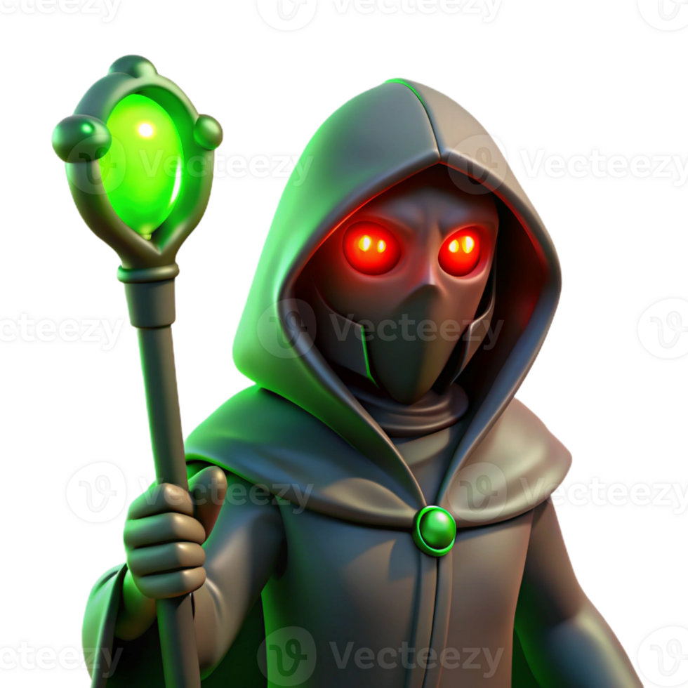 magnificent classic A mysterious hooded figure with glowing red eyes, holding a staff, illuminated by an eerie green mist. Gothic style high resolution png