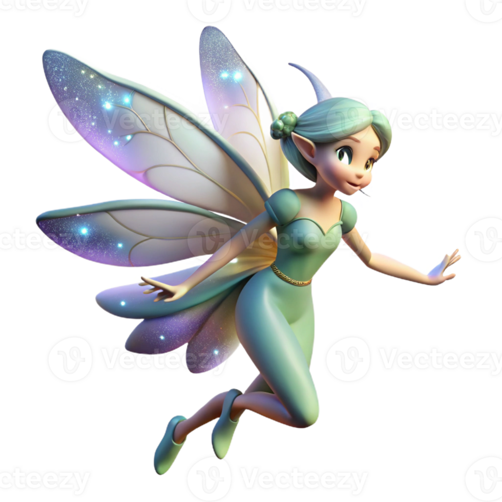 magnificent creative A delicate fairy with iridescent wings and sparkling dust trailing behind her, flying through a moonlit forest, illuminated by the soft glow of the moon. Dreamlike style detailed png
