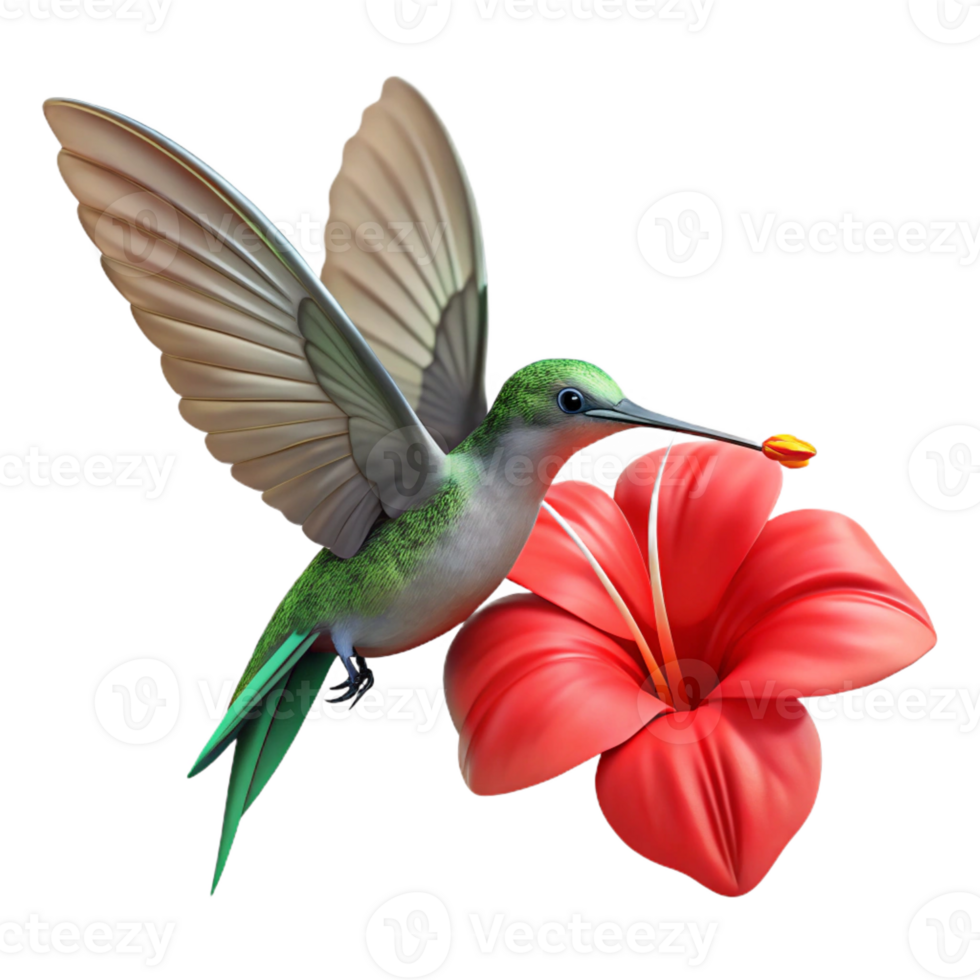 dramatic contemporary A hummingbird hovering mid-air, wings a blur, sipping nectar from a bright red hibiscus flower, dynamic motion blur photography style 4K png