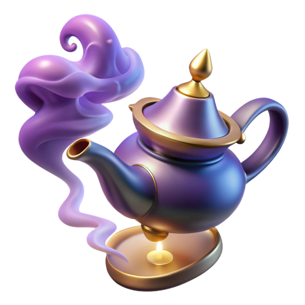 wonderful vintage A powerful djinn emerging from a magic lamp, swirling smoke and glowing embers, mystical lighting, Arabian Nights style high quality png