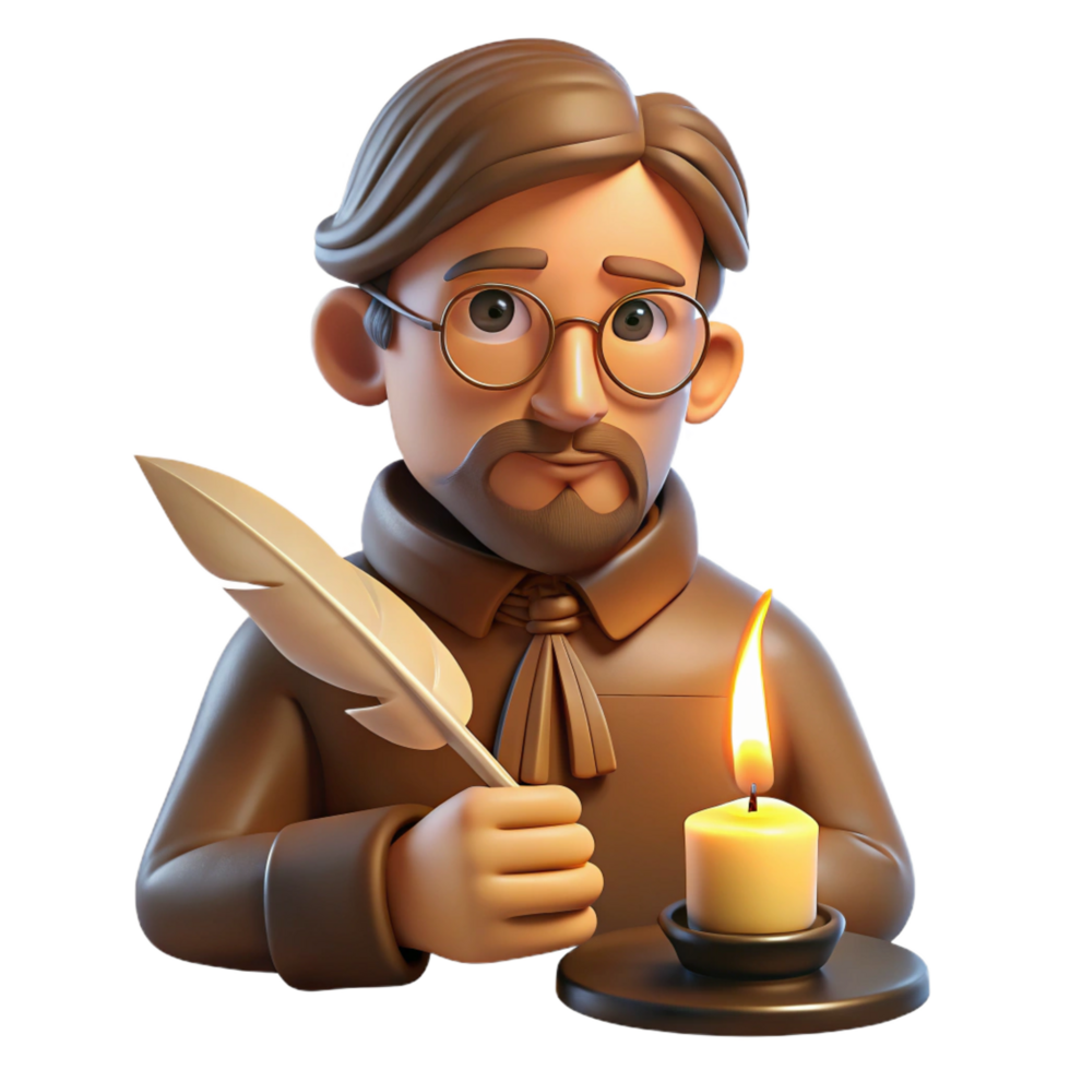 serene creative Portrait of a pensive writer with spectacles and a quill pen, illuminated by the warm glow of a candle, in a vintage, sepia-toned style exclusive png